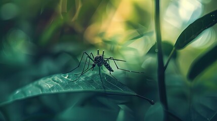 Close-up of mosquito resting on leaf in tropical forest, emphasizing its role in transmitting viruses, shallow depth of field.