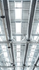 Obraz premium A modern industrial ceiling with exposed pipes and skylights, showcasing contemporary architecture.