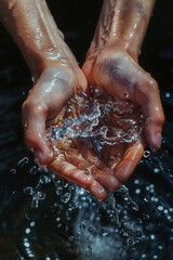 Fototapeta premium Human hands holding and splashing water, highlighting nature's beauty and movement.