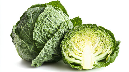 Fototapeta premium Freshly cut cabbage showcasing its crisp green leaves and tender white core, isolated on a clean white background, perfect for cooking or salads.