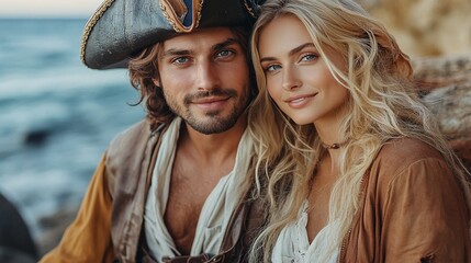 Fototapeta premium handsome man and beautiful woman dressed in vintage pirate clothing sitting on the beach with the ocean behind them capturing a moment of love and romance