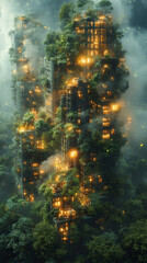 Obraz premium A futuristic cityscape where nature has reclaimed the buildings, glowing windows illuminate the dense foliage.