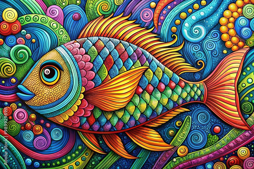 Poster intricate fish zentangle design with swirling patterns and bold lines for creative art projects