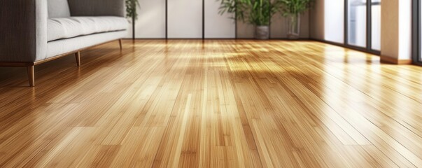 Craft a visually striking image of bamboo flooring at eye level, highlighting its sleek design and eco-friendly appeal with a CG 3D rendering