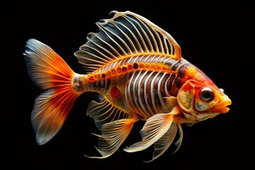 Intricate Goldfish Skeleton on Black Background Showcasing Nature's Fragility and Beauty in Detail