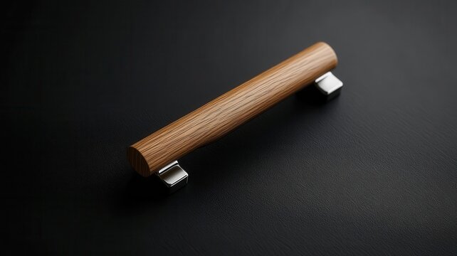 Illustrate an elevated view of an oak cabinet handle with a glossy finish, emphasizing its sleek contemporary design and reflective properties in a realistic style