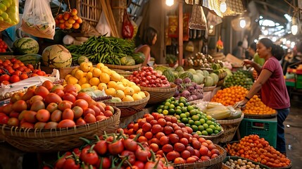 Obraz premium A vibrant market scene filled with various fresh fruits in colorful displays.