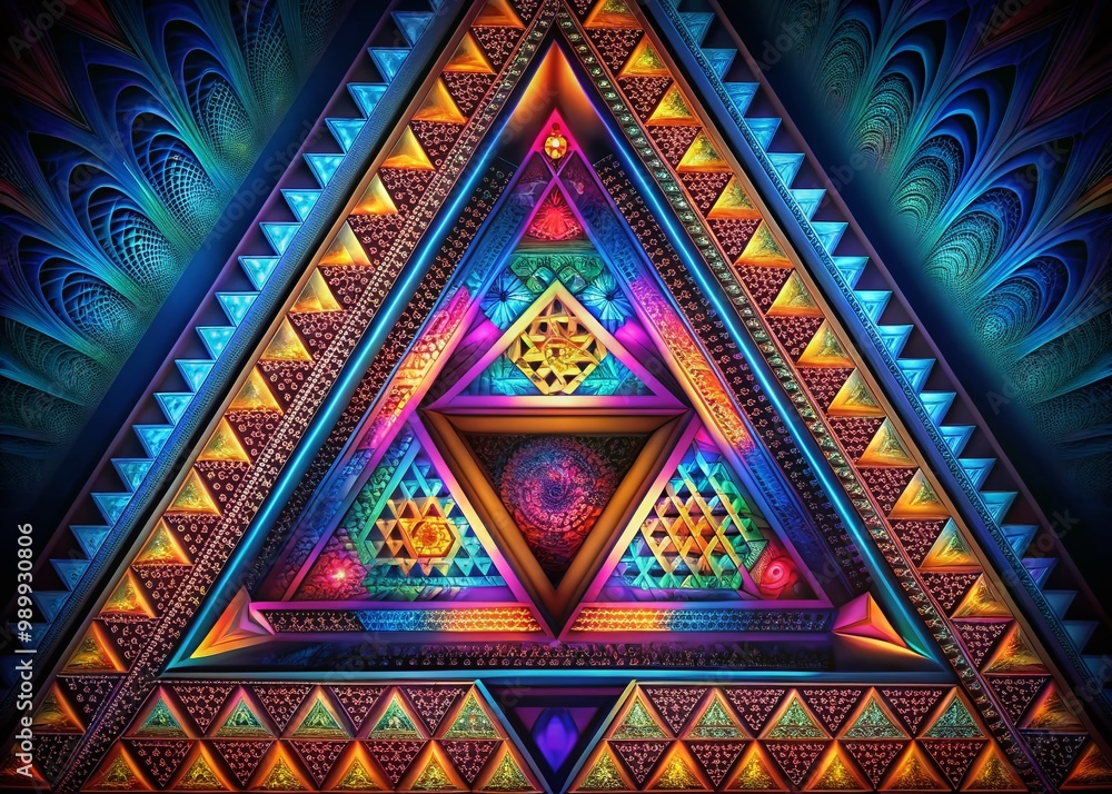 Aufkleber intricate infinite triangle design with geometric patterns and vibrant colors on a dark background