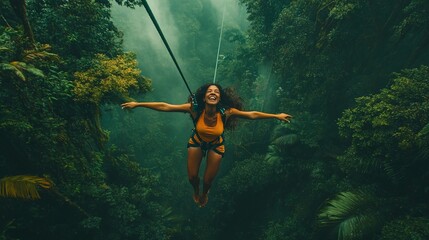 young woman immersed in a breathtaking ziplining adventure through the dense rainforest canopy experiencing the thrill of soaring above the treetops with joy and excitement