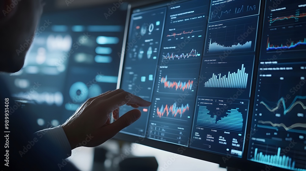 Poster a close-up of a hand interacting with a computer display showing financial charts and data