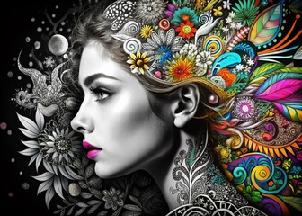 Naklejka premium Intricate Line Art Representing a World of Creativity and Imagination in Black and White Design