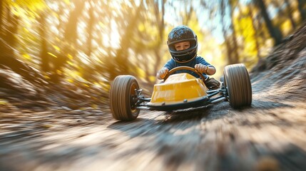 young boy speeding down a steep hill in his homemade racer during a competitive soapbox derby race filled with adrenaline determination and a thrill for speed