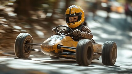 young boy speeding down a steep hill in his homemade racer during a competitive soapbox derby race filled with adrenaline determination and a thrill for speed