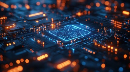 Obraz premium Circuit Board with Glowing Chip