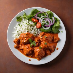 Delicious juicy tasty butter chicken dish well cooked with Tomato sauce with some vegetable served, traditional butter chicken, tasty butter chicken curry dish