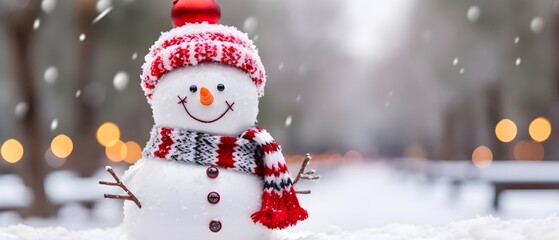 happy smiling Snowmans on the snow, Family with scarf and beanie, cute, Merry Christmas Banner card invitation, wallpaper, with copy space for text, blurred winter forest background, close up HD