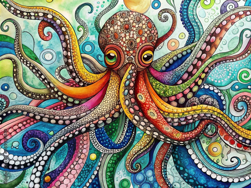 Poster intricate octopus zentangle design with abstract patterns and artistic elements in black and white