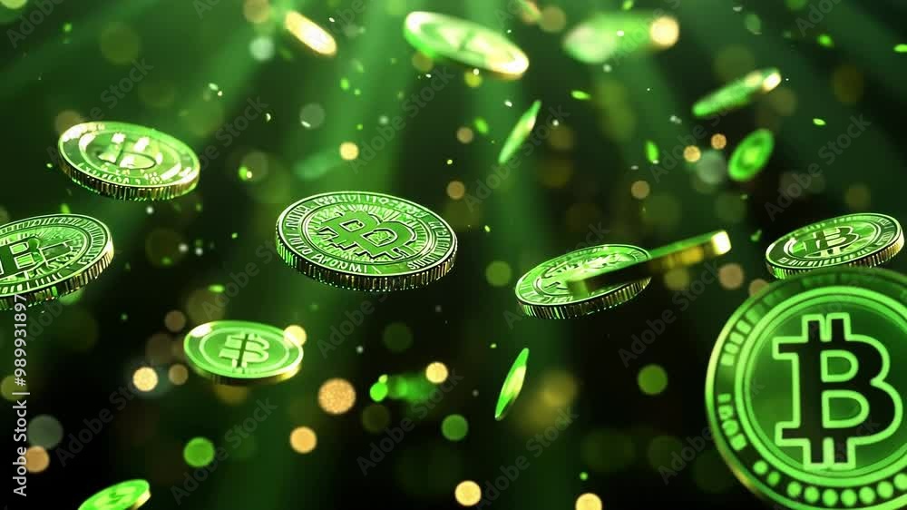 Poster green bitcoins are rotating and falling on a green screen background with yellow bokeh. ideal for vi