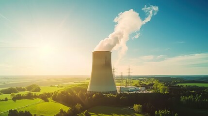 Aerial view of modern nuclear power plant with cooling towers emitting steam against clear blue sky, surrounded by lush green fields, symbolizing clean energy and environmental balance.
