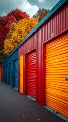 Fototapeta premium Colorful storage units line up in a row, with fall foliage in the background.