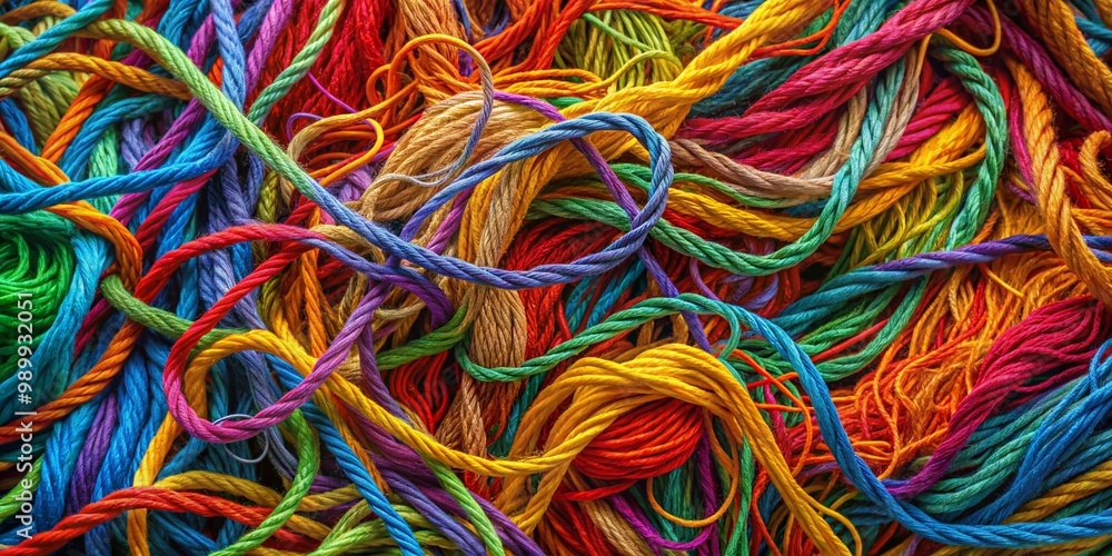 Poster intricate patterns of tangled threads and cords creating a colorful abstract background design