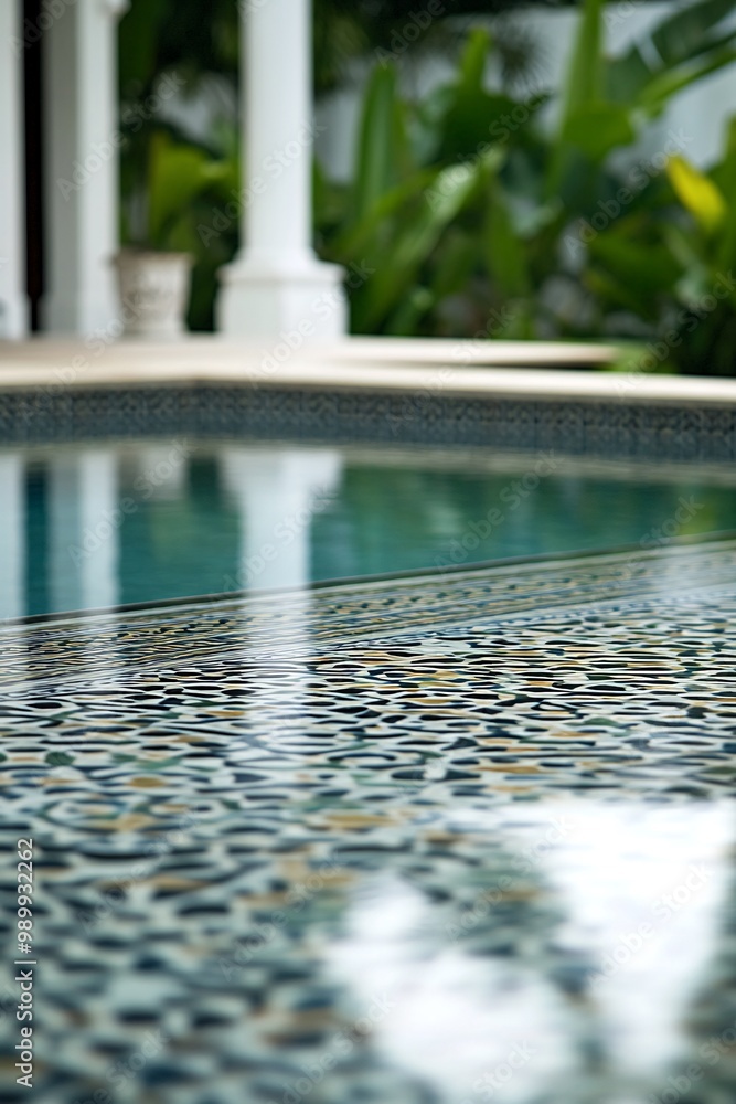 Poster Close-up of a sparkling blue pool with a patterned tile border.