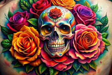 Intricate Rose and Skull Tattoo Designs Featuring Bold Lines and Creative Floral Elements for Art Lovers