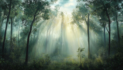 Tall, misty trees with sunlight streaming through the branches, creating a magical and mysterious forest atmosphere