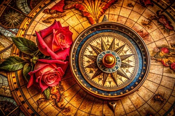 Obraz premium Intricate Rose of the Winds Compass Design on Vintage Nautical Map with Rich Colors and Details