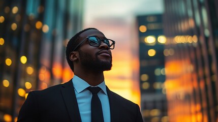 wealthy black businessman standing in a big city at sunset surrounded by skyscrapers envisioning new investment opportunities and thinking about his successful career and future dreams