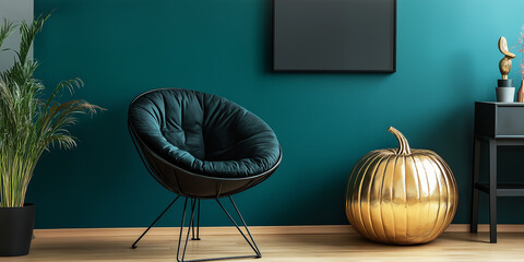 Contemporary living room with teal walls and gold pumpkin, stylish Halloween decor
