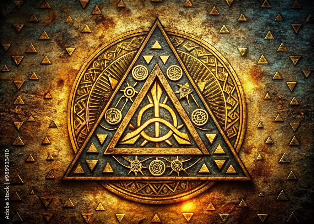 Poster intricate runes triangle design with ancient symbols on a textured background for mystical themes