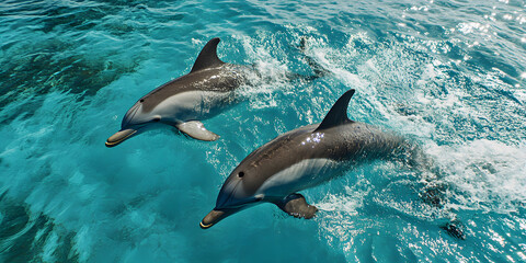 Fototapeta premium Joyful dolphins gliding through ocean water