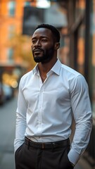 Obraz premium African Businessman Wearing White Shirt Walking on City Sidewalk