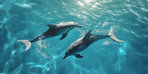 Obraz premium Two dolphins swimming in clear blue water