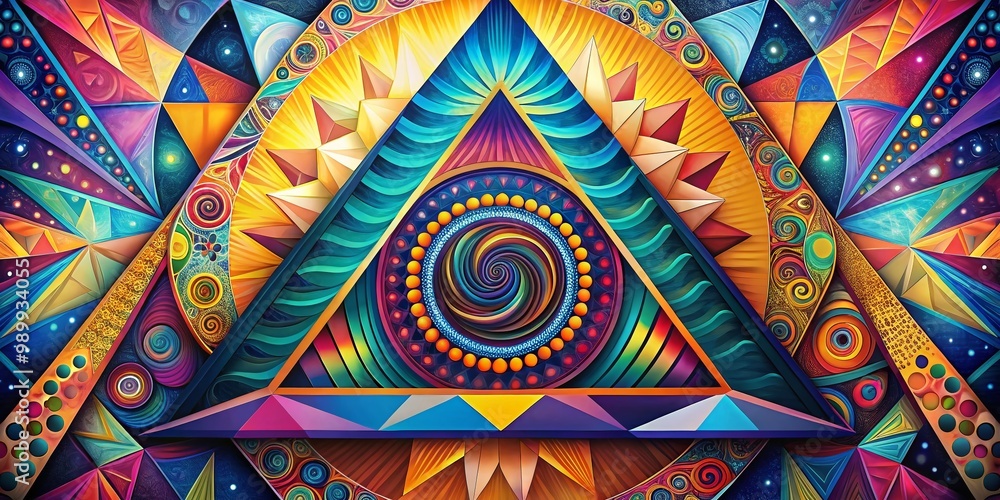 Poster intricate spiraling triangle design with vibrant colors and geometric patterns for abstract art