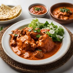 Fototapeta premium Delicious juicy tasty butter chicken dish well cooked with Tomato sauce with some vegetable served, traditional butter chicken, tasty butter chicken curry dish