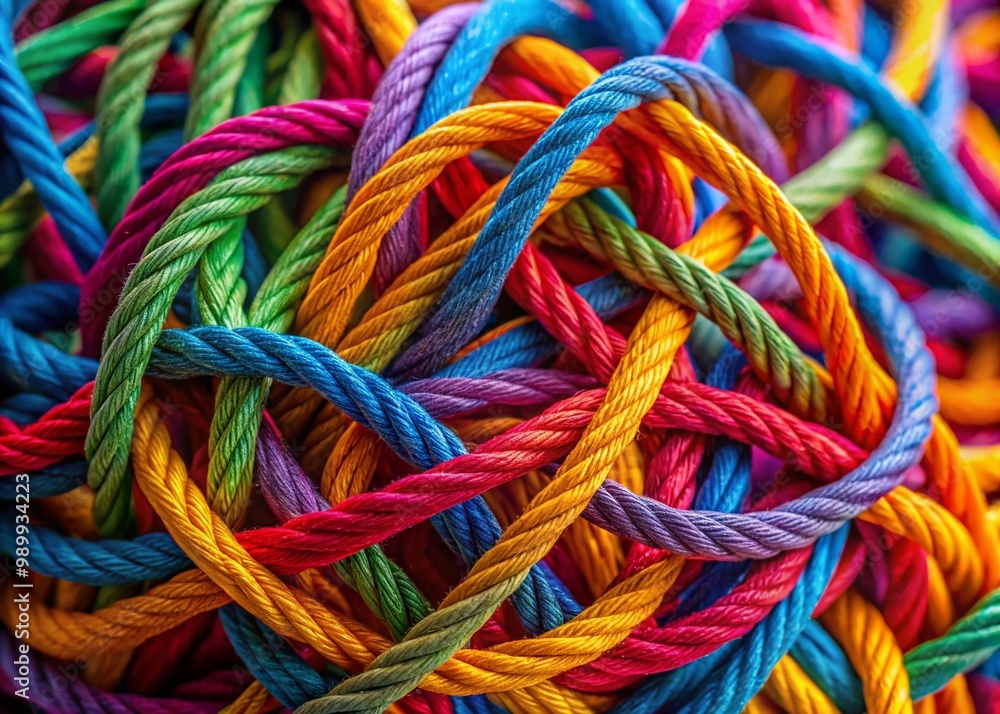 Poster intricate tangled knot of colored strings symbolizing complexity and interconnectedness in life