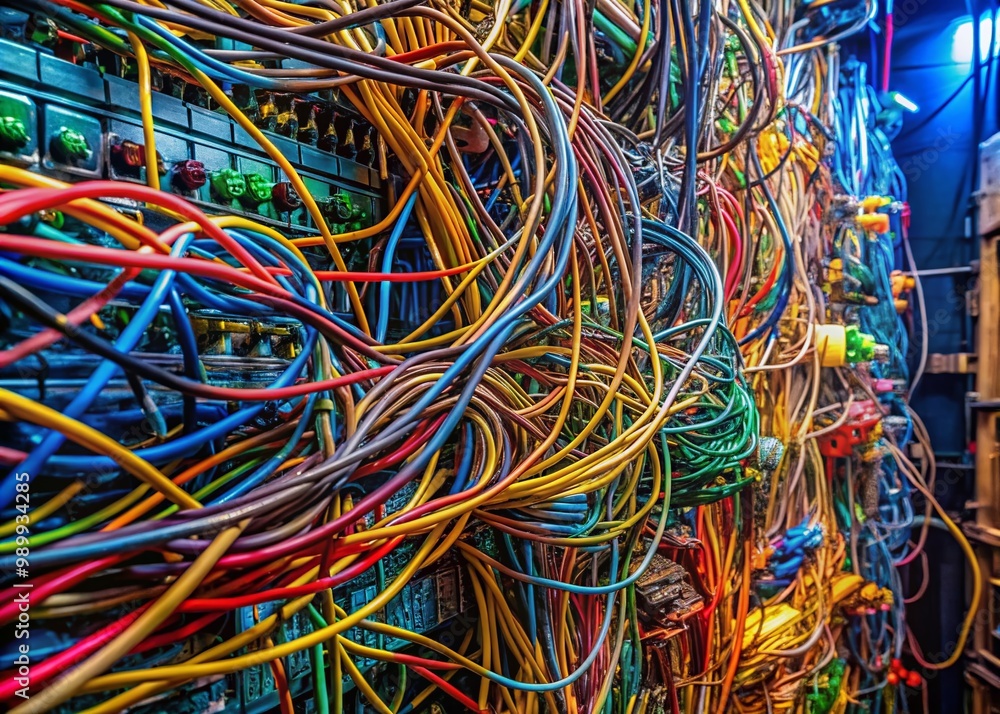 Poster intricate tangled wiring displaying complexity and chaos in electronic connections and installations