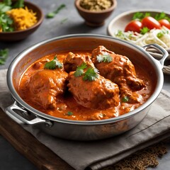 Fototapeta premium Delicious juicy tasty butter chicken dish well cooked with Tomato sauce with some vegetable served, traditional butter chicken, tasty butter chicken curry dish