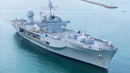 Naklejka premium Nuclear war ship, Navy ship, Military navy carrier Helicopter. nuclear carrier running in the ocean.