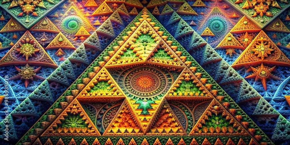 Poster intricate triangle fractal design in vibrant colors suitable for abstract backgrounds and art projec