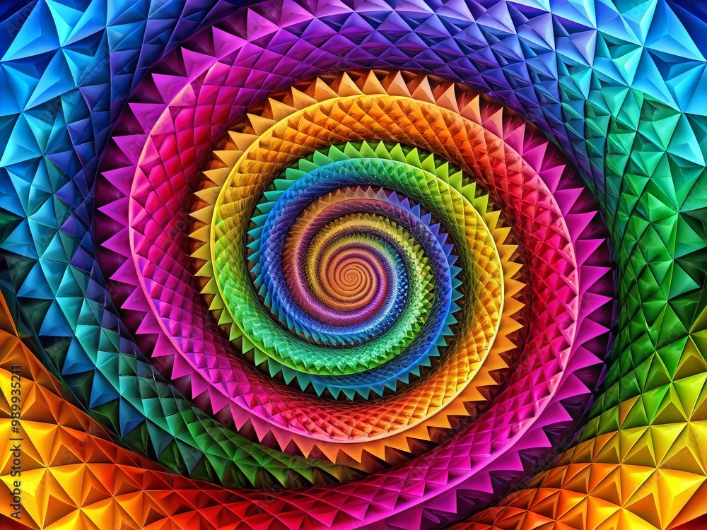 Poster intricate triangle spiral design in vibrant colors creating a dynamic abstract background visual