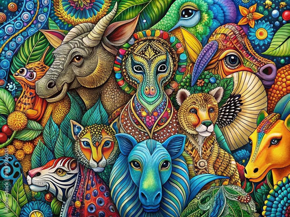 Poster intricate zentangle art featuring various animals in unique patterns and designs for creative use