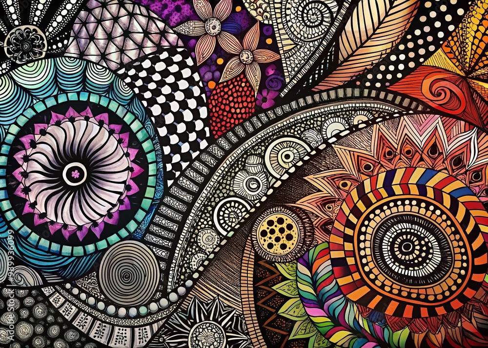 Poster intricate zentangle artwork featuring abstract patterns, shapes, and textures in monochrome design