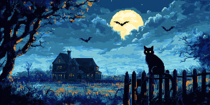 8-bit black cat on a fence with a spooky mansion
