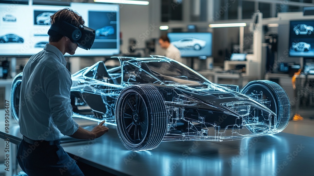 Poster automotive car designer using augmented reality to visualize a car design mock-up in the r&d center 