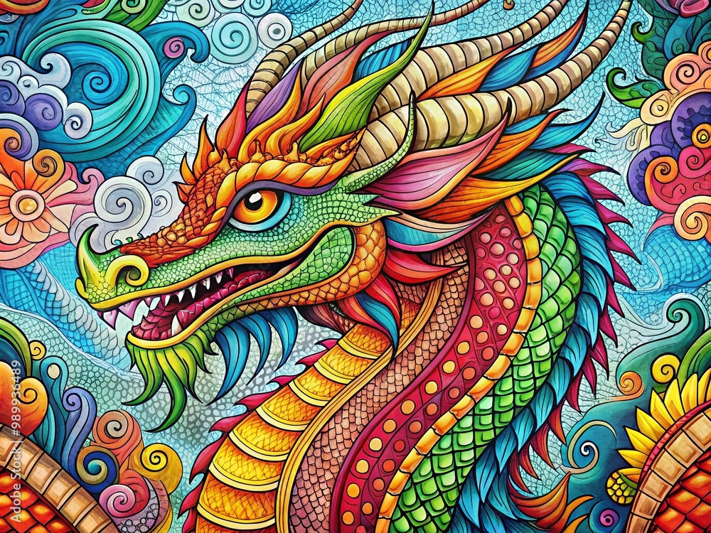 Poster intricate zentangle dragon design with swirling patterns and detailed line art for relaxation and cr