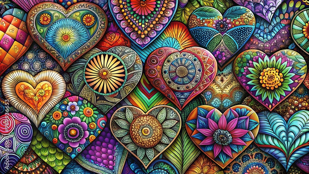 Poster intricate zentangle heart patterns for creative designs and art projects with abstract elements