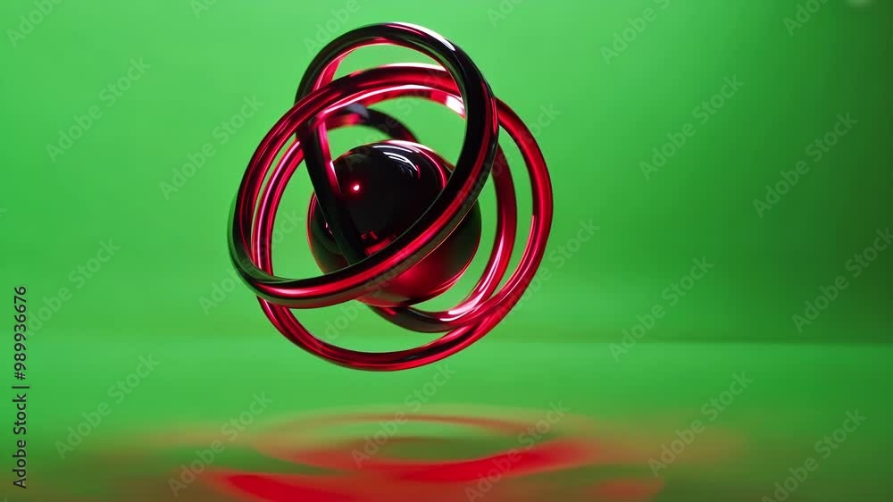 Poster red gyroscope with a reflective surface is rotating on a vibrant green screen background. this isola